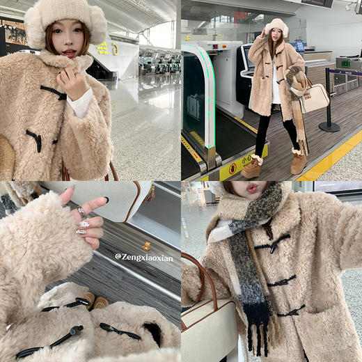 <曾小咸推荐>杏色翻领毛毛牛角扣中长款外套 商品图2