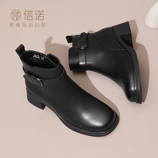信诺女鞋真皮舒适短靴2024新款冬季加绒妈妈棉鞋皮鞋粗跟靴子女款M321-5D 商品图3