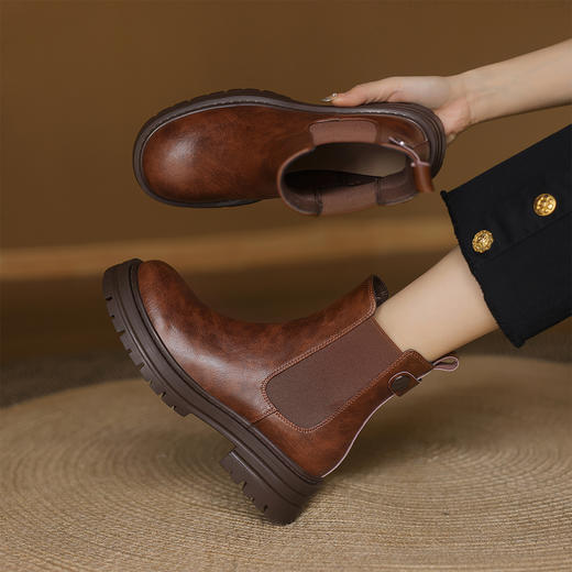 阿么手工女鞋真皮黑色厚底烟筒靴5CM秋冬新款时尚百搭切尔西短靴 商品图4