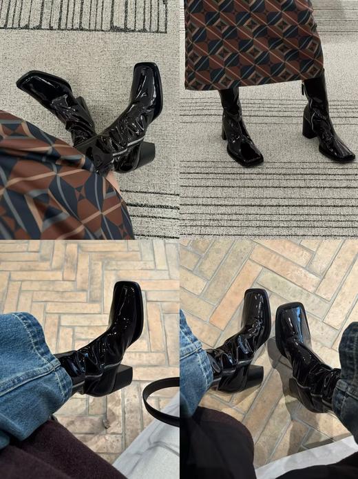 HIDEMI 超显瘦进口牛皮哑光亮皮方头粗跟方跟踝靴短靴 黑色/暗深酒红 商品图1