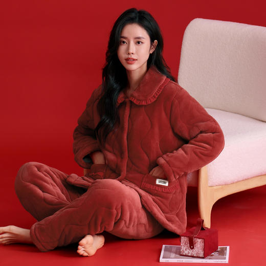 芬腾睡衣三层夹棉女款冬季珊瑚绒法兰绒加厚红色本命年家居服套装 商品图1