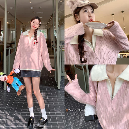 <曾小咸推荐>慵懒风撞色polo领假两件毛衣 商品图2