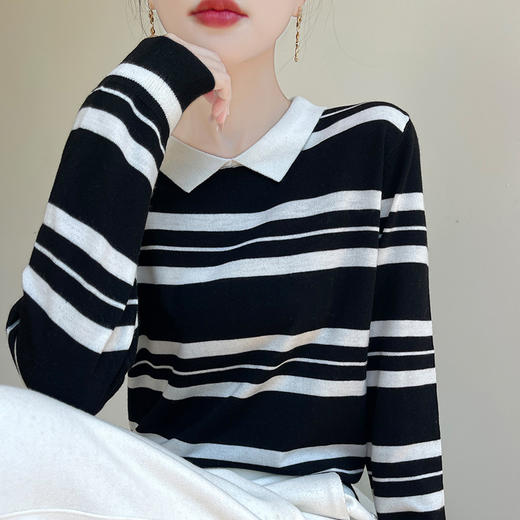 丁摩清新文艺精纺羊毛polo衫女长袖翻领条纹套头针织衫新款打底衫AL83-211 商品图3