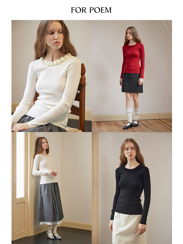 ForPoem 现货 24/FW原创设计无缝一体100美丽诺羊毛花边领针织打底衫