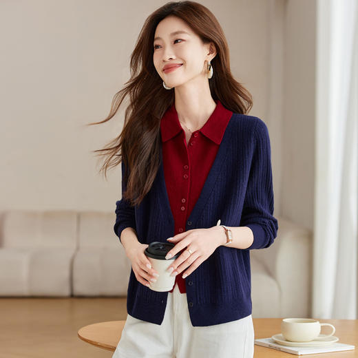 CC-J969假两件叠穿拼接衬衫领上衣纯羊毛针织开衫女春秋短款毛衣外套薄 商品图1