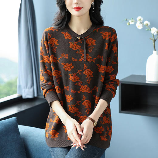 CC-26-8206秋冬新款宽松遮肉大码针织打底衫圆领长袖印花羊毛毛衣 商品图3