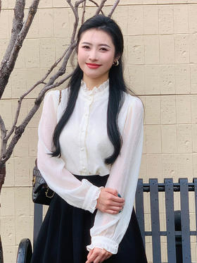 【百图定制】【舒芙蕾雪纺衫】秋装新款设计感长袖花边立领通勤衬衫衬衣