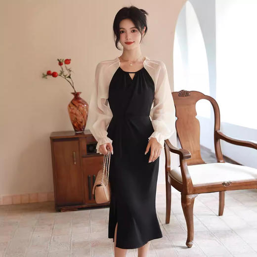 雀说法式网纱拼接连衣裙女春秋气质黑色修身高级感设计感小众ALA1831 商品图0