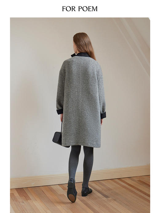 ForPoem 现货 24/FW原创设计中长款宽松廓形人字纹羊毛拼色系带大衣 商品图4