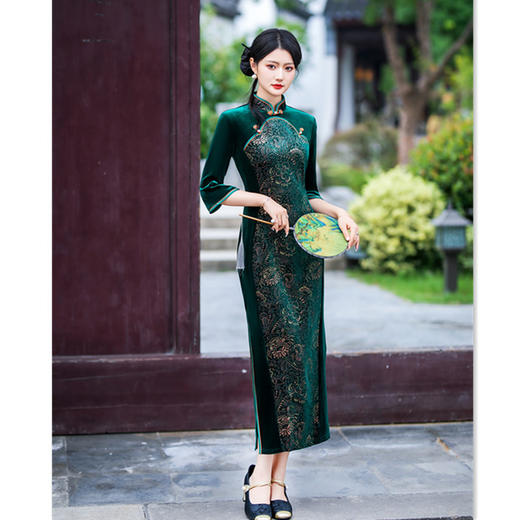 时尚改良新中式，长款丝绒拼接中袖旗袍GX-582438 商品图3