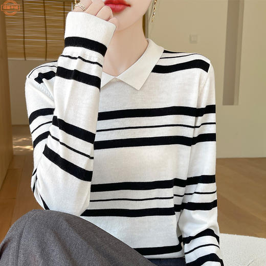 丁摩清新文艺精纺羊毛polo衫女长袖翻领条纹套头针织衫新款打底衫AL83-211 商品图1
