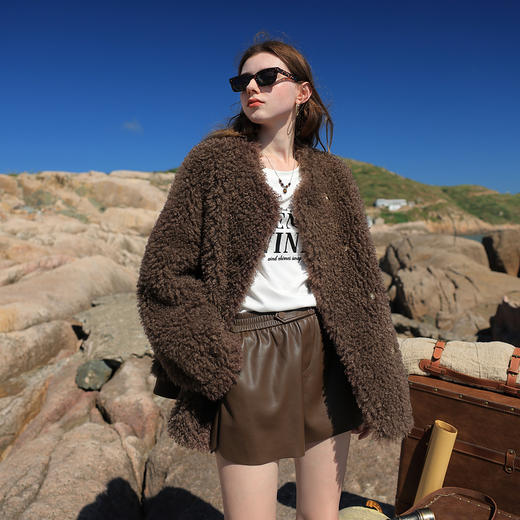 三彩2024冬季新款环保皮草仿泰迪毛外套立领双排扣毛绒宽松女M 商品图1