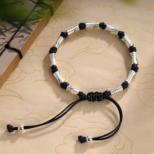 子佩集S999银【竹颜悦色】手链【N020】纯银仿古黑绳2409 商品图1