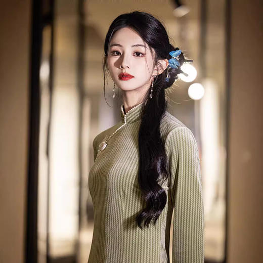 TX-8809秋季新款海岛绒绿色旗袍年轻款女复古日常改良长款连衣裙 商品图2