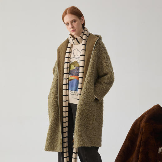 谜底羊毛混纺大衣女士2024冬新品连帽大廓形中长款毛呢244MD1529 商品图1