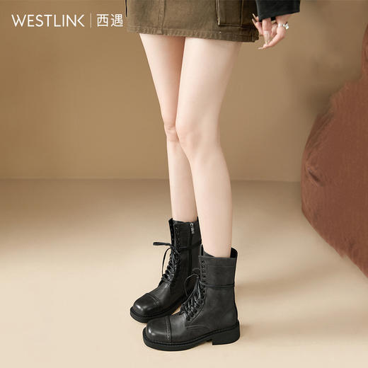 西遇厚底马丁靴女秋冬爆款美拉德中筒机车靴系带圆头粗跟短靴D3947729 商品图1