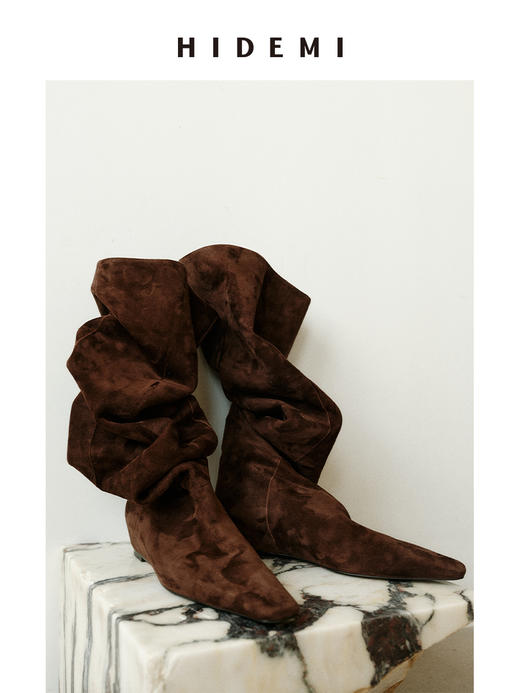 HIDEMI 【张小斐同款】进口牛皮经典方尖头内增高堆堆感显瘦长靴马靴 黑色牛皮|棕色麂皮 商品图0