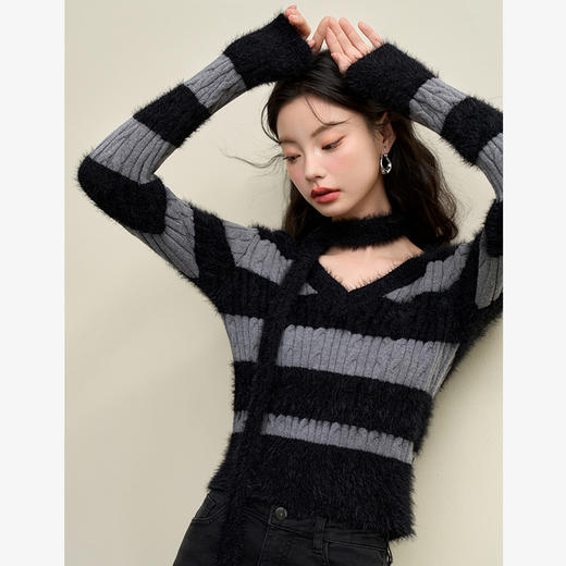 甜酷拼接条纹长袖针织毛衣女秋季性感V领修身上衣搭飘带V4142930 商品图4