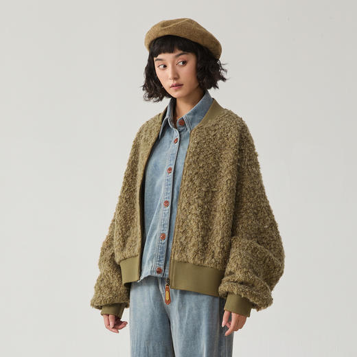 谜底羊毛混纺大衣女士2024冬季新品百搭短款棒球领毛呢244MD1548 商品图0