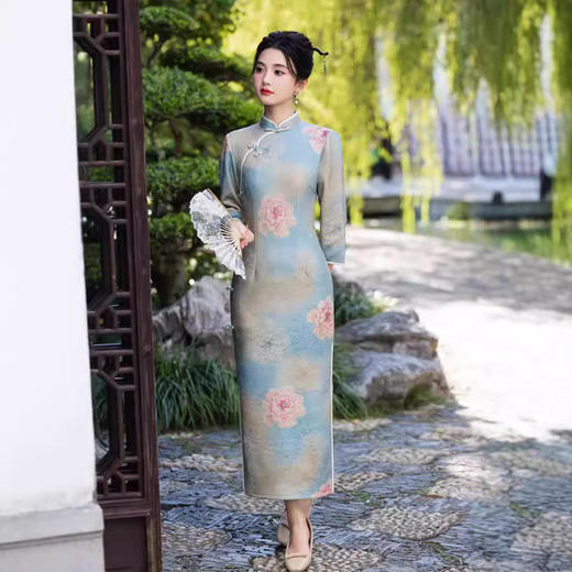 花开富贵晕染修身，云岚绒印花长款旗袍SJT698 商品图0