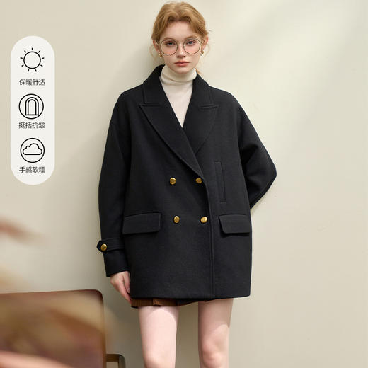 英伦风双排扣翻领中长款大衣女秋季厚保暖呢料外套V4142939 商品图0