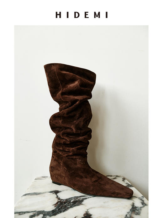 HIDEMI 【张小斐同款】进口牛皮经典方尖头内增高堆堆感显瘦长靴马靴 黑色牛皮|棕色麂皮 商品图7