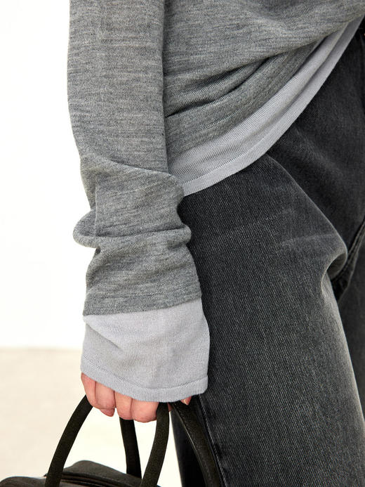 假两件拼色长袖空气针织T恤 秀场风心机拼色假两件空气衫 柔软有筋骨 贴身越穿越亲肤 宽松版型 下摆拼色边偏长 下摆包边+卷边双层织法 商品图8