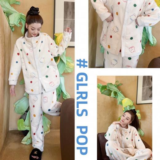 遛弯拉拉立领家居服可外穿套装加厚保暖半边绒睡衣甜美加厚复合羊羔绒方格秋冬家居服HLY 商品图2