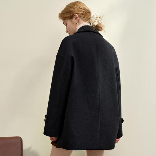 英伦风双排扣翻领中长款大衣女秋季厚保暖呢料外套V4142939 商品图4