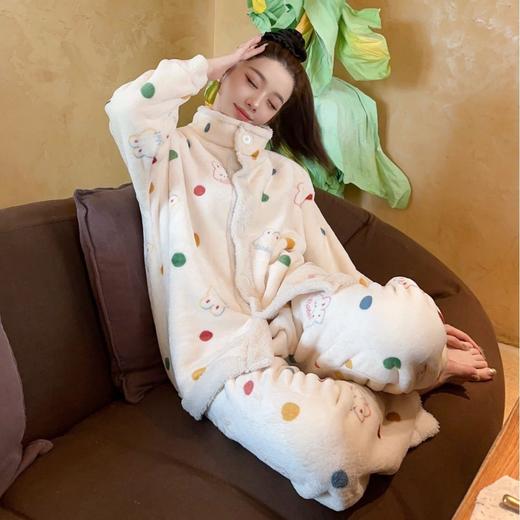 遛弯拉拉立领家居服可外穿套装加厚保暖半边绒睡衣甜美加厚复合羊羔绒方格秋冬家居服HLY 商品图4