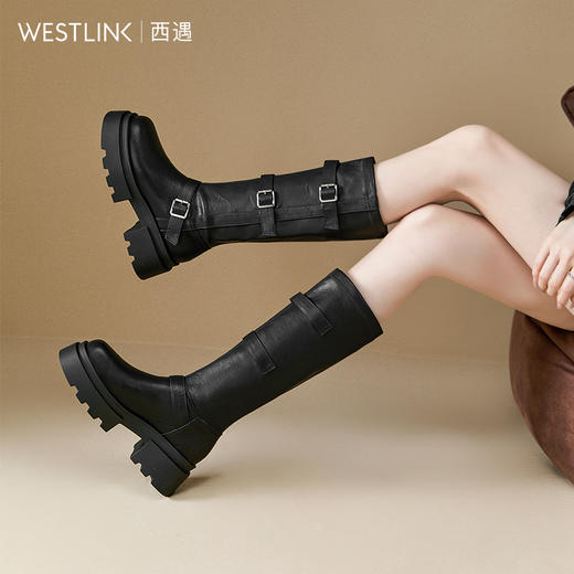 西遇长筒骑士靴女小个子新款秋冬英伦风皮带扣机车靴厚底长靴V3747763 商品图1