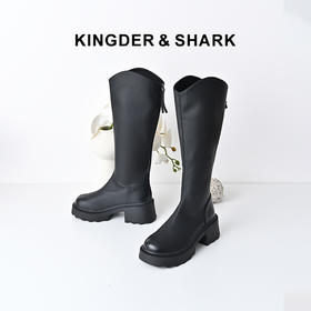 经典鲨女鞋2024年冬季新款纯色百搭圆头后拉链中跟显瘦长筒靴KW310-D58051