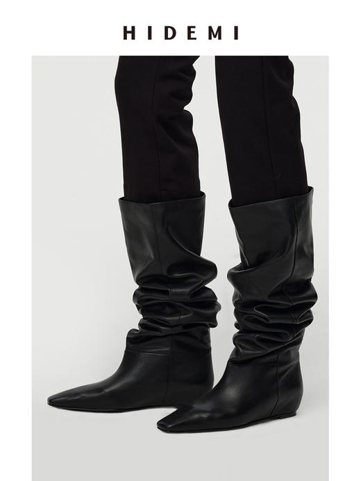 HIDEMI 【张小斐同款】进口牛皮经典方尖头内增高堆堆感显瘦长靴马靴 黑色牛皮|棕色麂皮 商品图9
