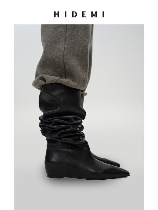 HIDEMI 【张小斐同款】进口牛皮经典方尖头内增高堆堆感显瘦长靴马靴 黑色牛皮|棕色麂皮 商品图10