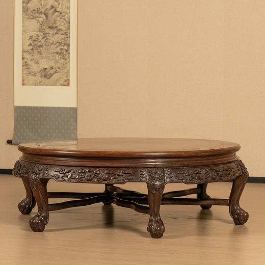 清 红木镶瘿木浮雕狮子滚绣球三弯腿大炕桌 商品图0