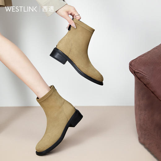 西遇绒面小短靴女新款秋冬法式单靴黑色配裙子低跟圆头瘦瘦靴V3947754 商品图2