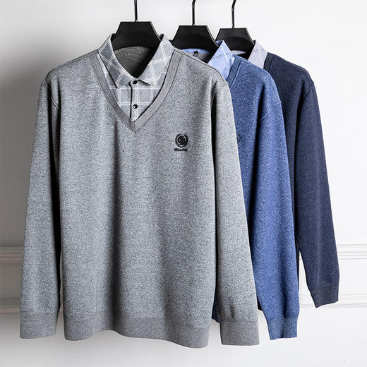 【假两件】【新款DPS】大依优型大码加绒假两件长袖T恤衬衫领加肥加大肥佬休闲商务宽松透气上衣打底 商品图3