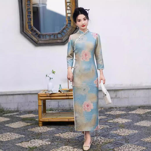 花开富贵晕染修身，云岚绒印花长款旗袍SJT698 商品图2