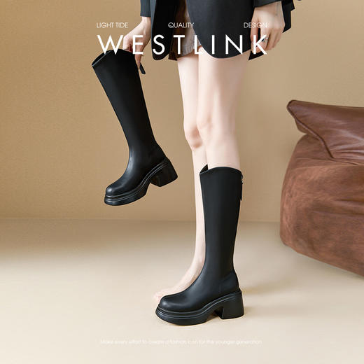 西遇不过膝长筒骑士靴女小个子新款秋冬V口高筒靴增高7cm厚底长靴V3747758 商品图1