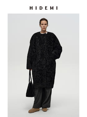 HIDEMI 极简圆领廓形设计感可再生纤维环保皮草毛毛大衣皮衣