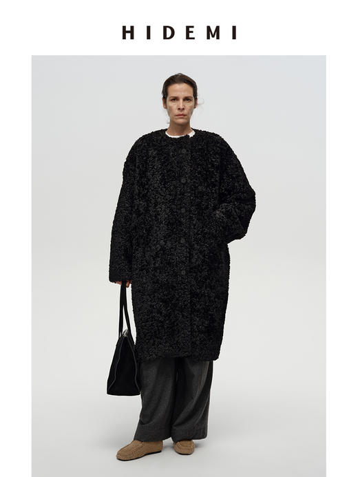 HIDEMI 极简圆领廓形设计感可再生纤维环保皮草毛毛大衣皮衣 商品图0