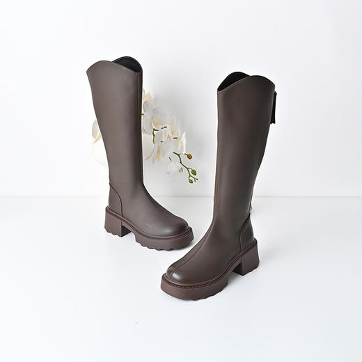 经典鲨女鞋2024年冬季新款纯色百搭圆头后拉链中跟显瘦长筒靴KW310-D58051 商品图2