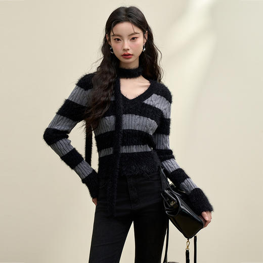 甜酷拼接条纹长袖针织毛衣女秋季性感V领修身上衣搭飘带V4142930 商品图0