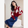 西遇复古针织开衫女秋季新款白色菱格短款红色毛衣外套SS141152 商品缩略图1
