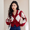 西遇复古针织开衫女秋季新款白色菱格短款红色毛衣外套SS141152 商品缩略图4