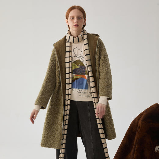 谜底羊毛混纺大衣女士2024冬新品连帽大廓形中长款毛呢244MD1529 商品图0