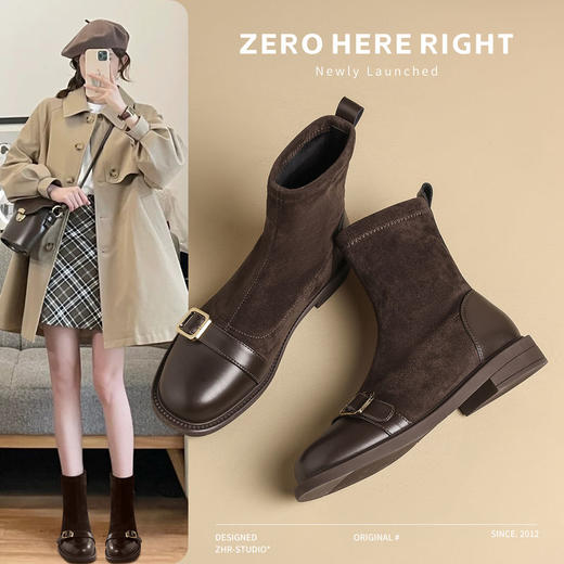 ZHR小香风短靴女2024新款平底弹力靴百搭袜靴马丁靴ins潮瘦瘦靴子 商品图1