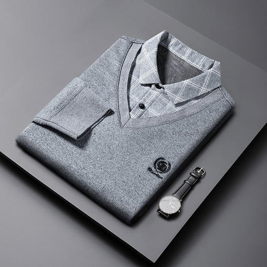 【假两件】【新款DPS】大依优型大码加绒假两件长袖T恤衬衫领加肥加大肥佬休闲商务宽松透气上衣打底 商品图11