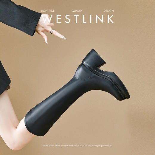 西遇不过膝长筒骑士靴女小个子新款秋冬V口高筒靴增高7cm厚底长靴V3747758 商品图3