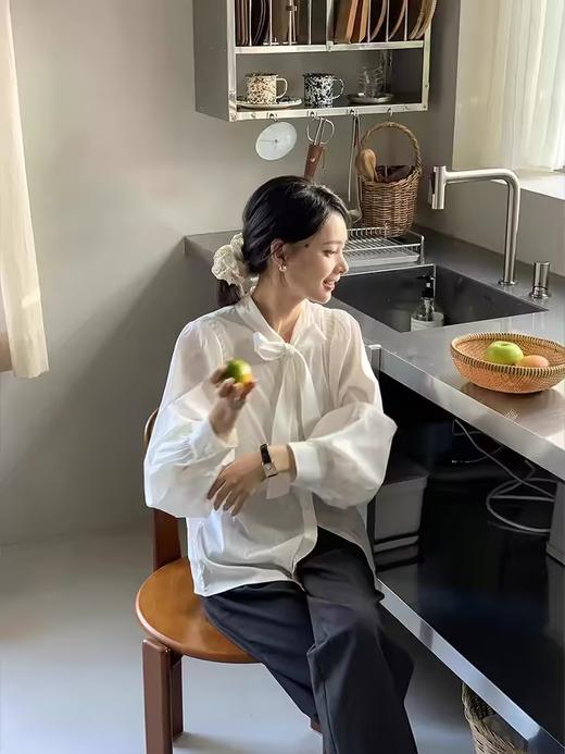 浮生八记/24C100/复古电影感通勤系带蝴蝶结领百褶灯笼袖衬衫 商品图3